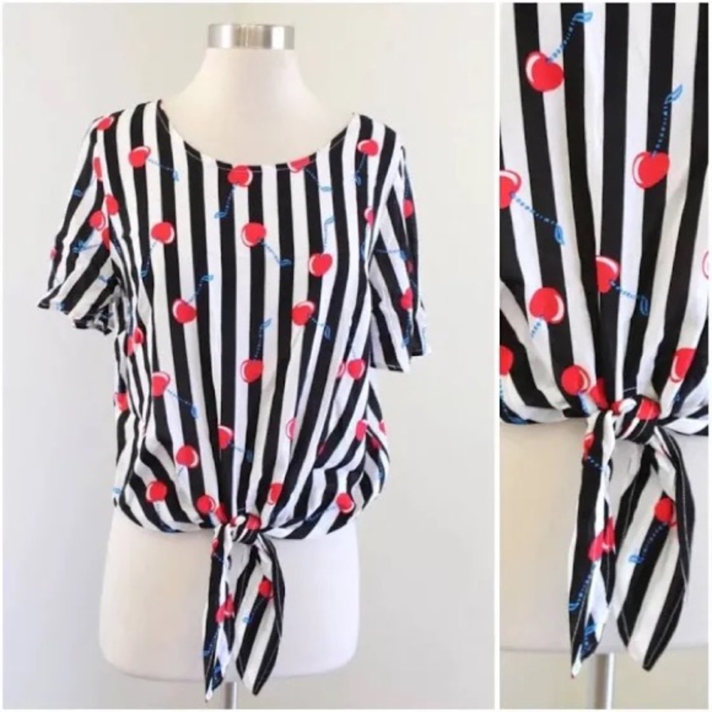 Cynthia Rowley cherry stripe tie blouse